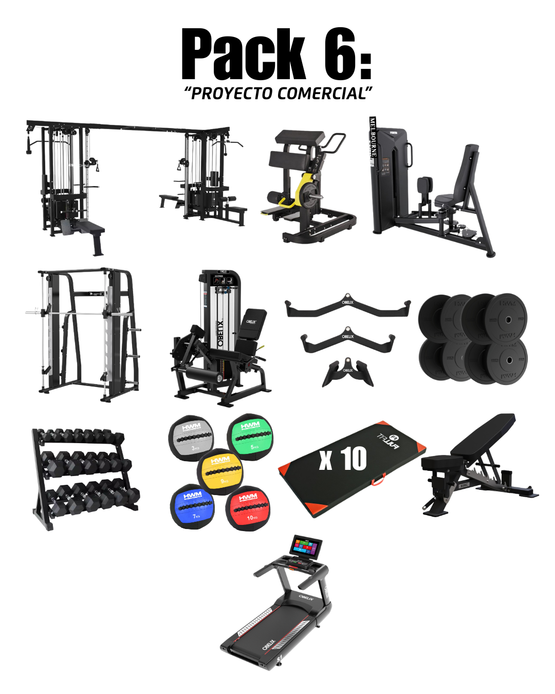 PACK 6: MULTI ESTACIÓN 8 STACK JAULA SMITH  EXTENSION DE CUADRICEPS  CURL FEMORAL DE PIE ISOLATERAL L.H HIP THRUST DE PIE  SET 3 AGARRES ERGONÓMICOS OBELIX PACK 100KG DISCOS OLIMPICOS BUMPER ECO PACK RACK + PAR MANC 2.5 A 25KG PACK BALÓN MEDICINAL 3 A 10 
